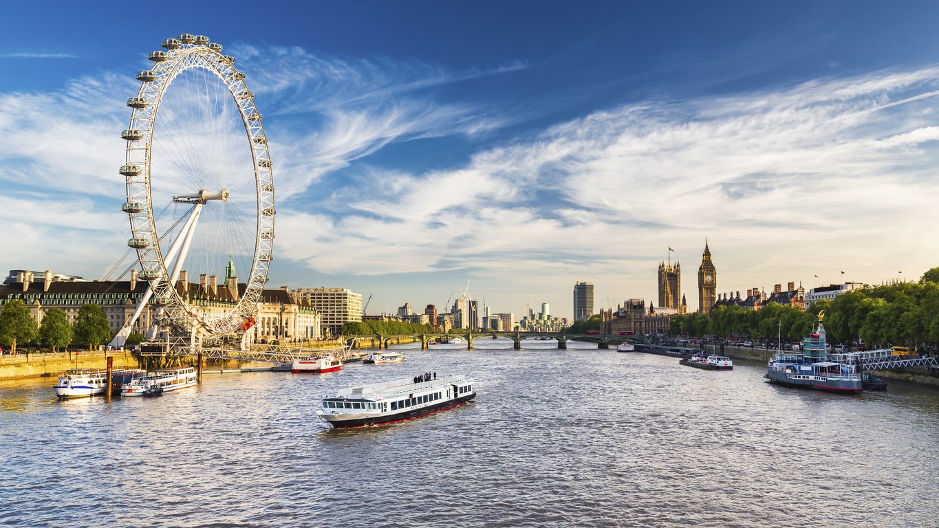 „Das London Eye und die Themse mit Ausflugsbooten bei sonnigem Wetter.