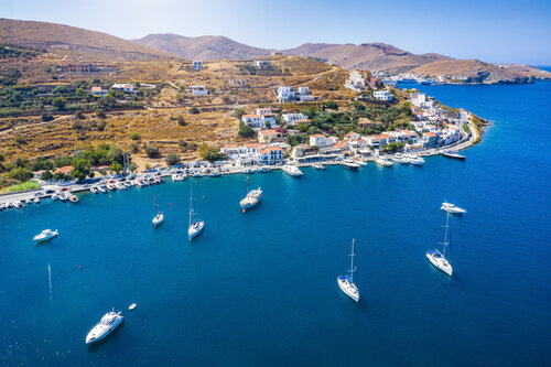 Panoramic view of the small village and sailors marina of Vourkari on the island of Kea Tzia, Cyclades, Greece