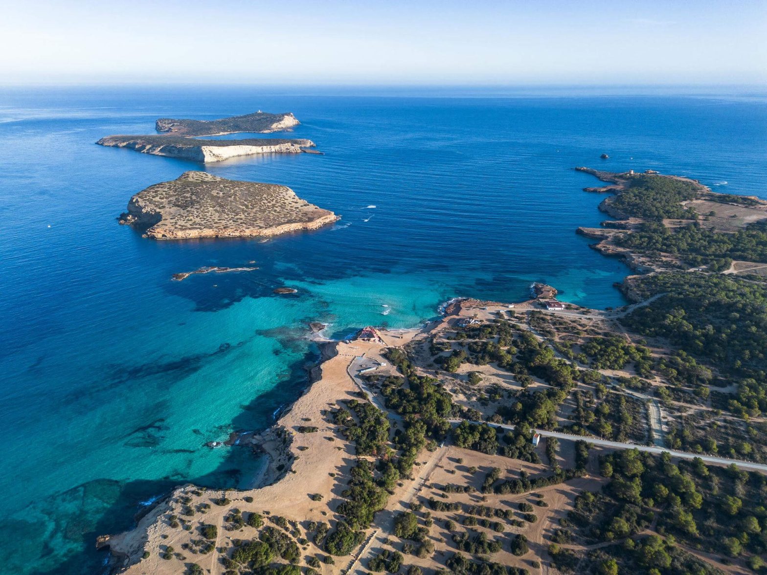 Cala comte beach in Ibiza island aerial shot