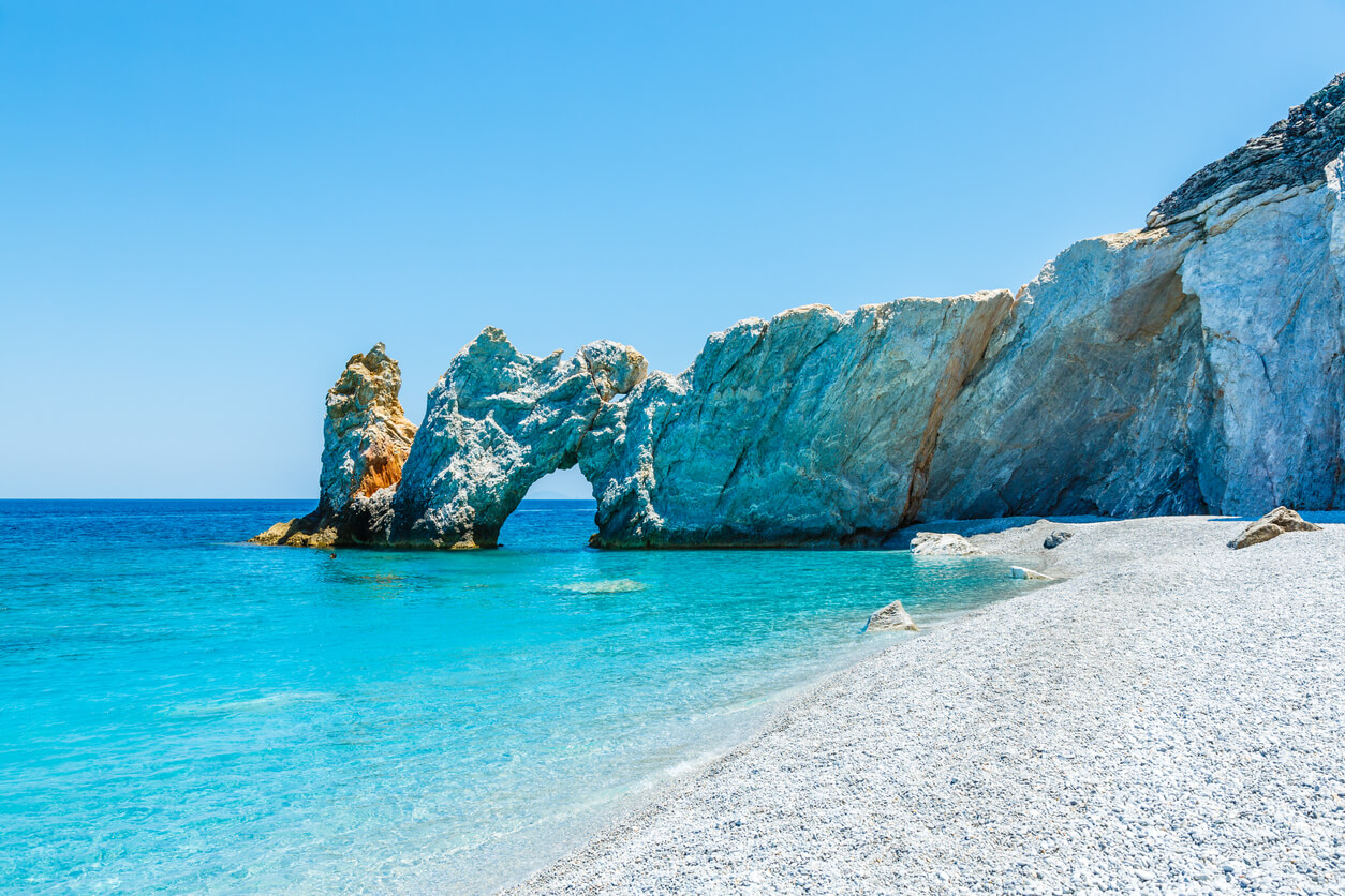 Bright blue water and rocky beach in Greece.