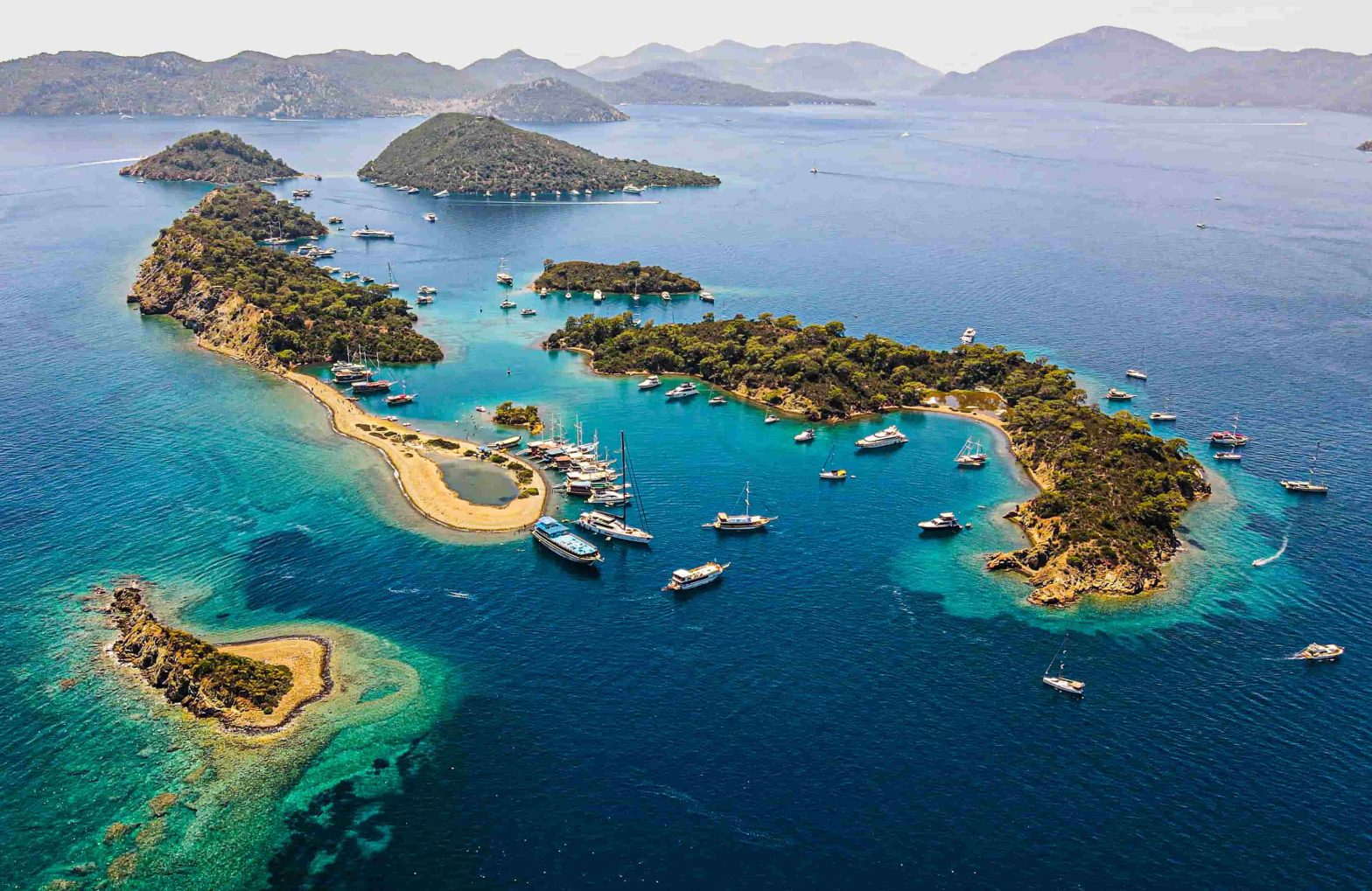 Aerial of beautiful Yassica Islands within the Fethiye Gulf