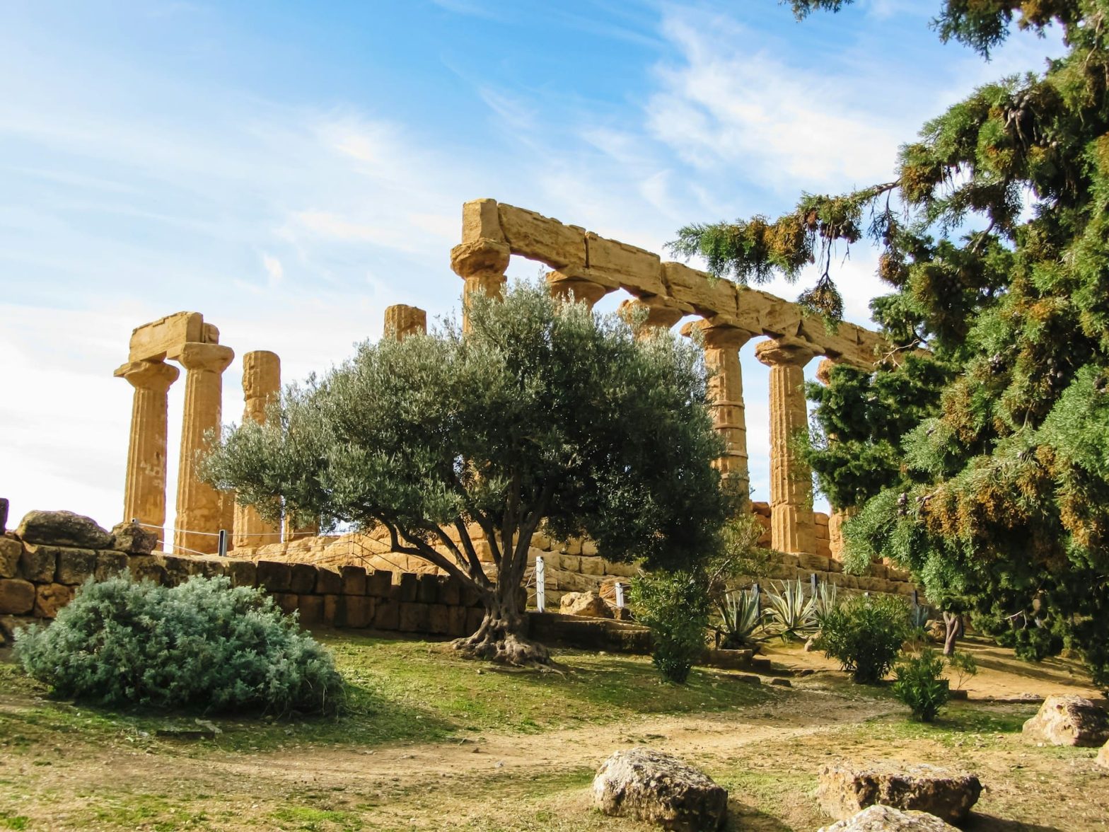 Un temple en ruine au milieu d'une verdure éclatante sous le soleil de Sicile