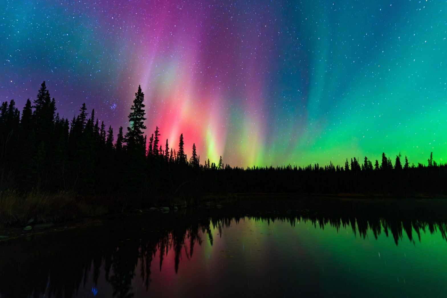 A long exposure image of the Northern Lights taken in the dark