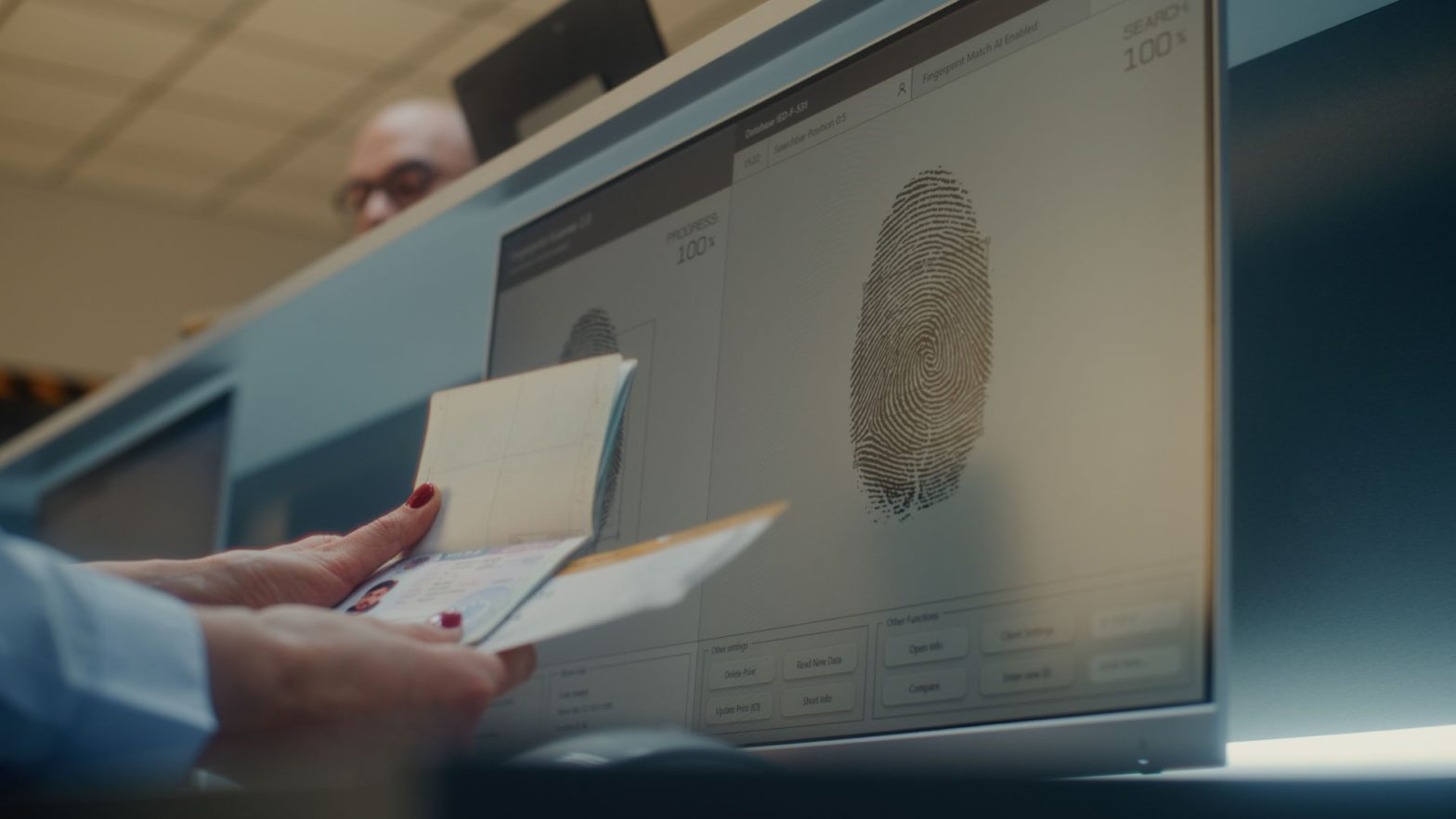 We see behind the screen of a border agent who is reviewing a travel document and large fingerprint on her screen.